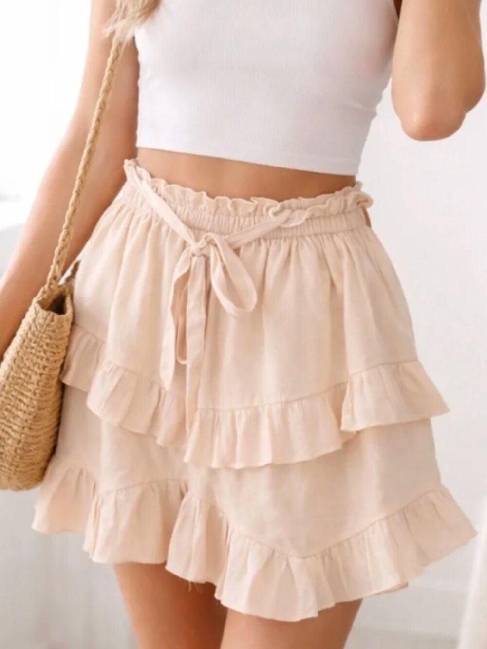 &merci Ruffle-Tier Cream Women's Skirt with Tie Waist